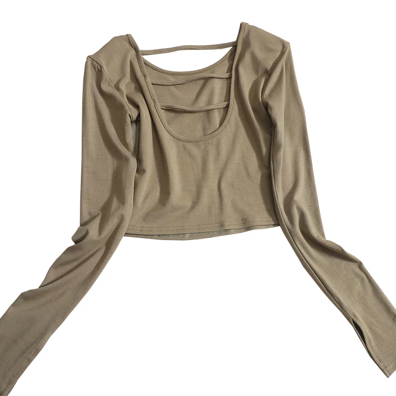 

Весенняя Новинка, модная эластичная короткая облегающая футболка, Женский пикантный облегающий топ с открытой спиной и высокой талией в пупке, уличная одежда, трикотажный топ с длинными рукавами