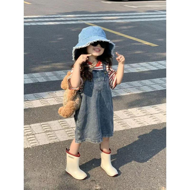 

Children's Clothing Girls' Suit Summer Children's Sweet Cool Denim Suspender Skirt with StripesTT-shirt Two-Piece Set-WS