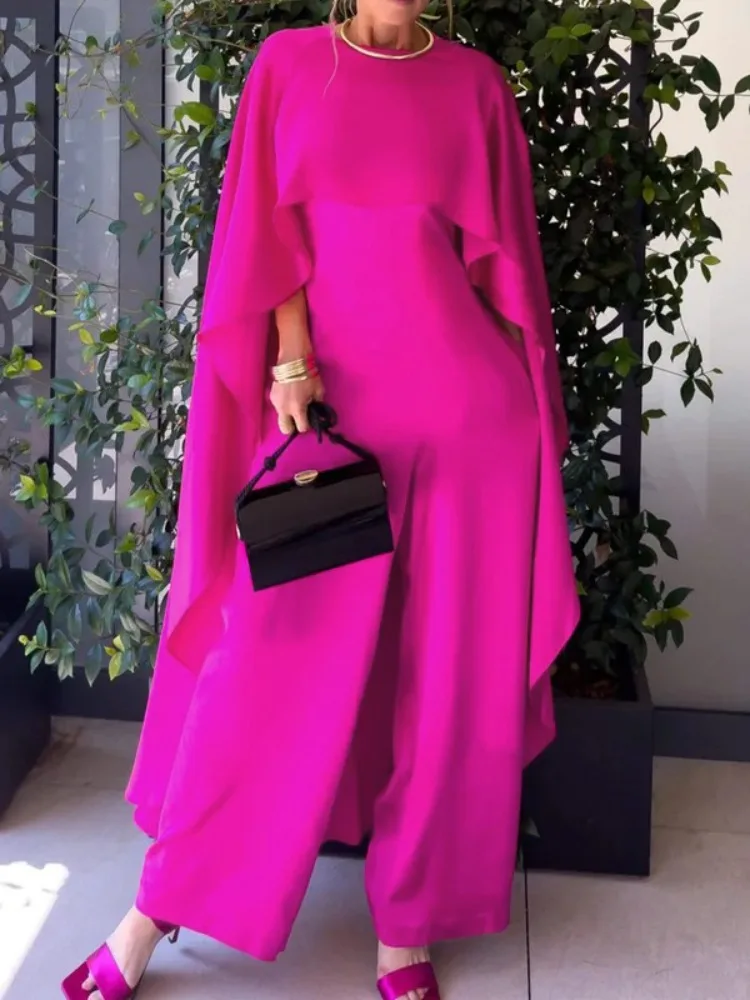 Uoozee Women's Solid Color Cape Style Jumpsuits 2025 New High Waisted Wide Leg Loose Elegant Party Evening One-piece Outfits 4