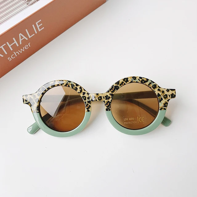 Children Boy Girl Cute Leopard Double Color Cartoon Bear Shape Round Sunglasses Kids Vintage Sunglasses UV400 Protection Classic Leopard-Green