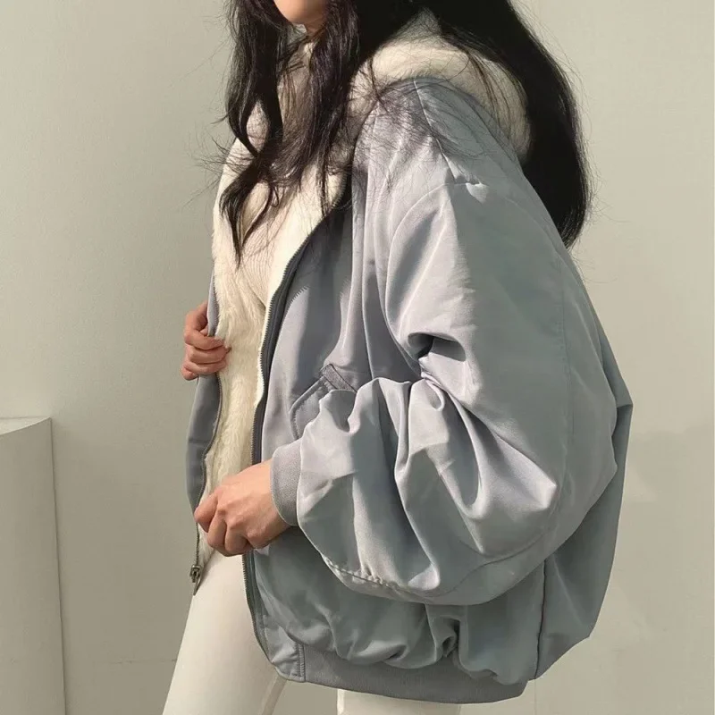 Loose Hooded Cotton Jacket with Plush Thickened Layers Wearing Lamb Wool Cotton Jacket on Both Sides Women Coat Winter New Top