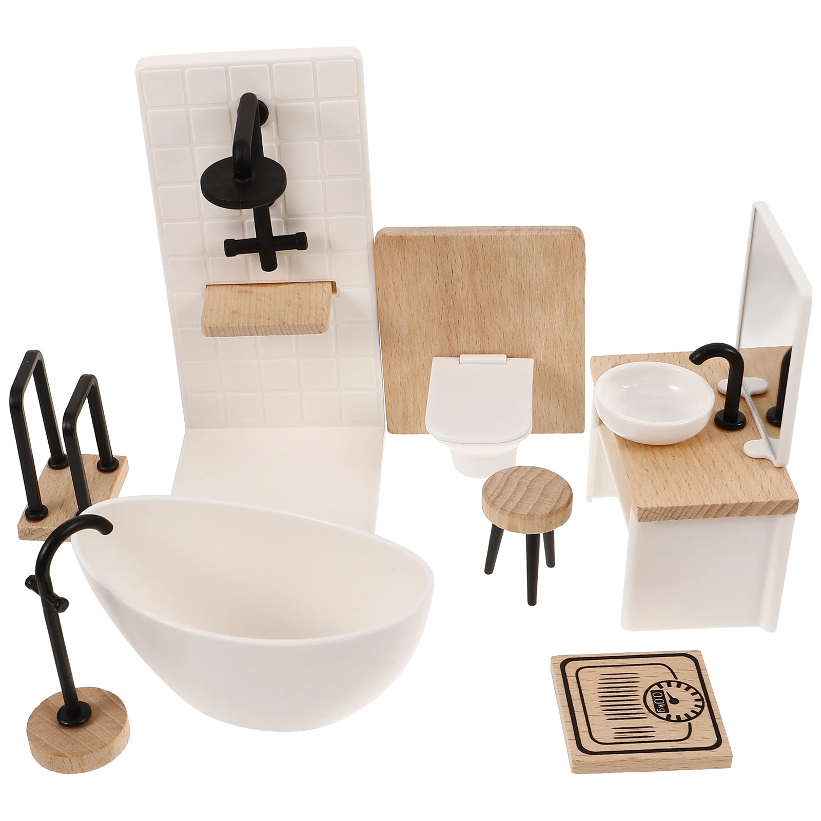 

Dollhouse Bathroom Set 8Pcs 1/12 Scale Miniature Toilet Basin Bathtub Mirror Doll House Furniture Toys Cake Topper Dollhouse