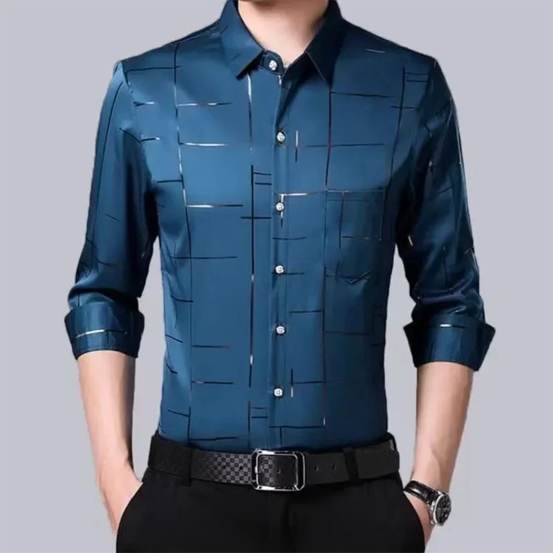 

Рубашка мужская с длинным рукавом, тонкая в клетку, с воротником с лацканами, модная деловая блуза свободного покроя, в стиле смарт-кэжуал, весна-осень