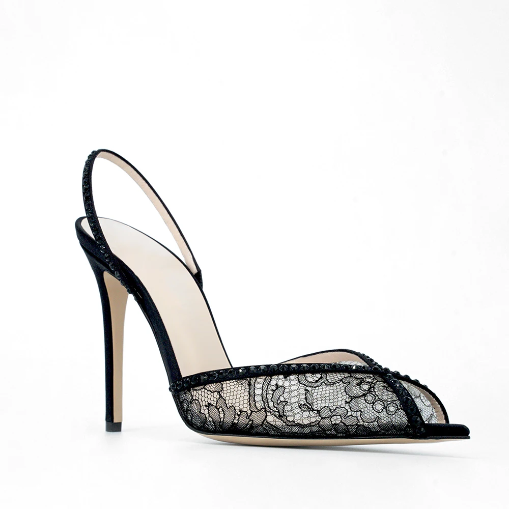 Luxury Shoes Women High Heels Pointy Peep Toe Lace Mesh Stiletto Sharp Heel Slingbacks With Crystals 4