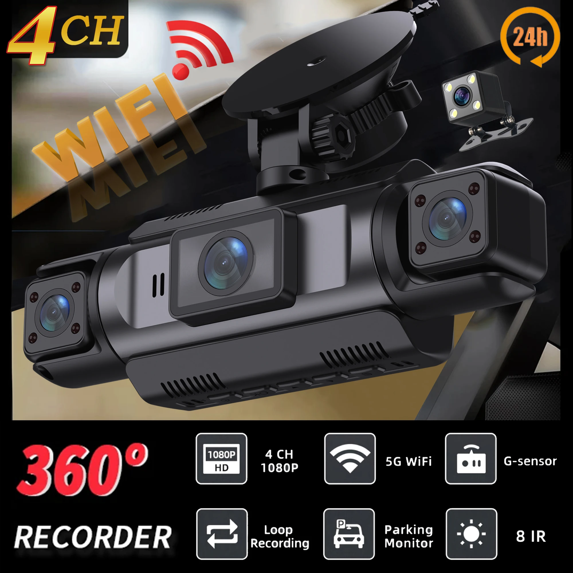 4-Channel WiFi Dash Cam System – Full HD 1080P Car DVR with Front, Rear, Left & Right Cameras, Night Vision, Loop Recording, and Hardwire Kit 1