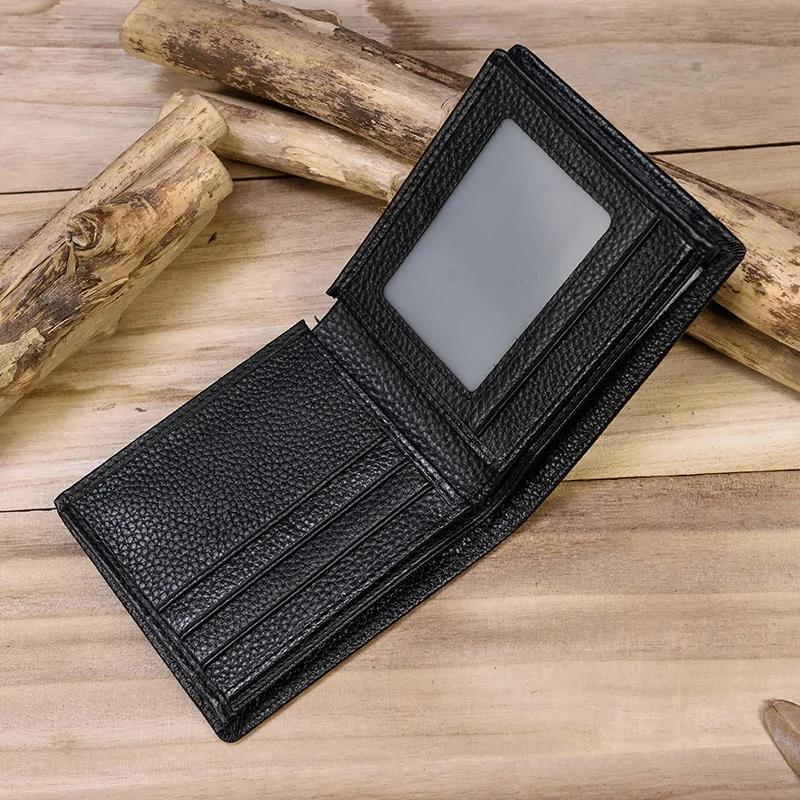 

Classic Black Soft Genuine Leather Men Wallet Small Bifold Cowhide Short Purse For Credit Card 2 Folds Male Slim Wallet Business