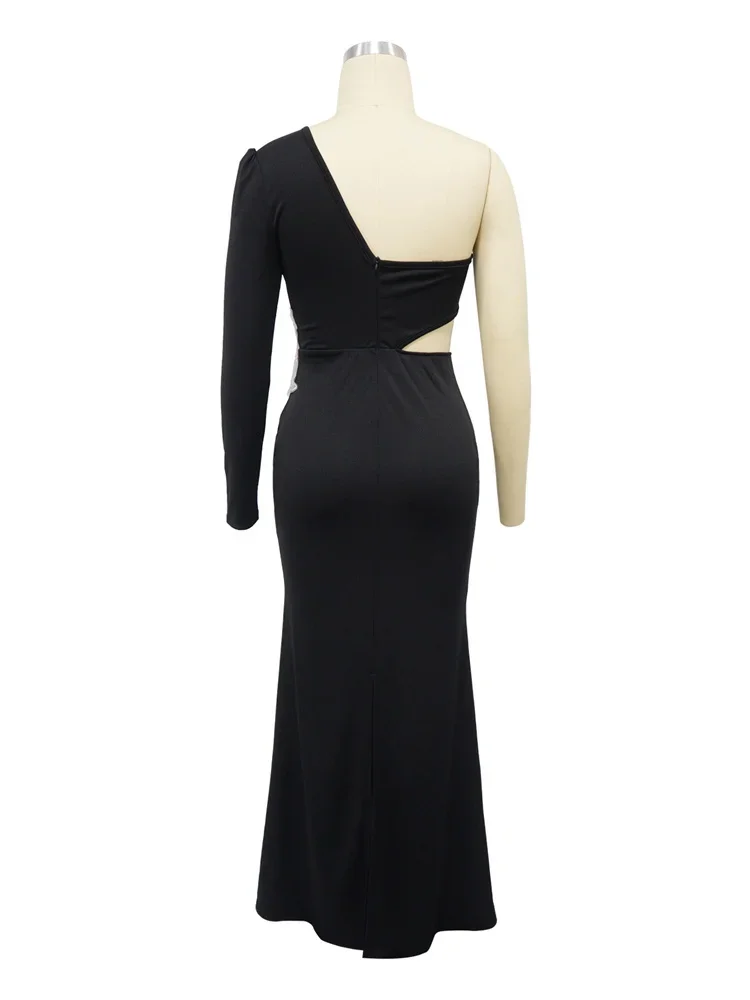Wmsta Women Dresses Black Single Shoulder Long Sleeve Sexy Party Fashion Flower Nail Bead Evening Dress Wholesale Dropshipping