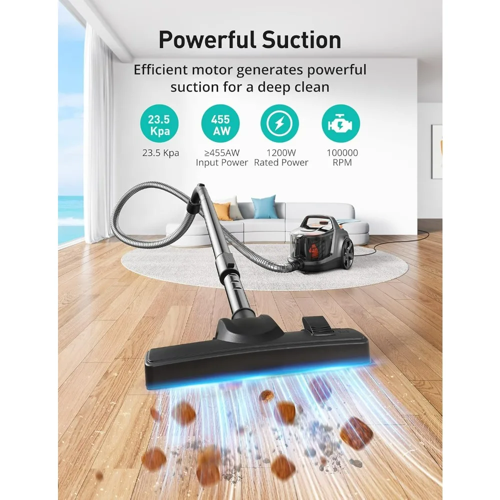 Canister Vacuum Cleaner, 1200W Lightweight Bagless Vacuum Cleaner, 3.7QT Capacity, Automatic Cord Rewind, 5 Tools, HEPA Filter 2