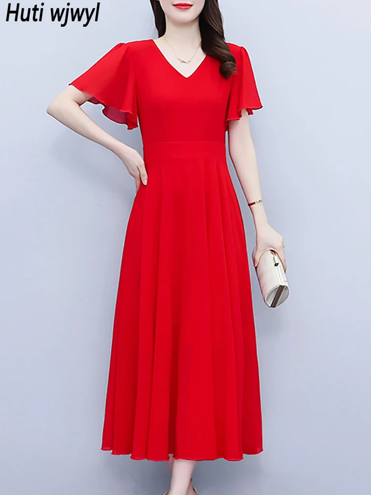 Summer Red Chiffon Chic Prom Wedding Midi Dress Donna Elegante Casual Soldi Beach Holiday Dress 2023 Coreano Bodycon Party Vestido