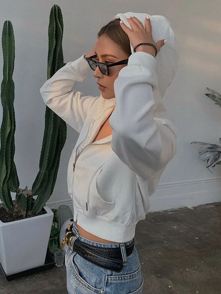

Deeptown Y2k 2023 Autumn White Crop Zip Hoodie Women Korean Style Streetwear Zipper Sport Short Sweatshirt Solid New Fashion