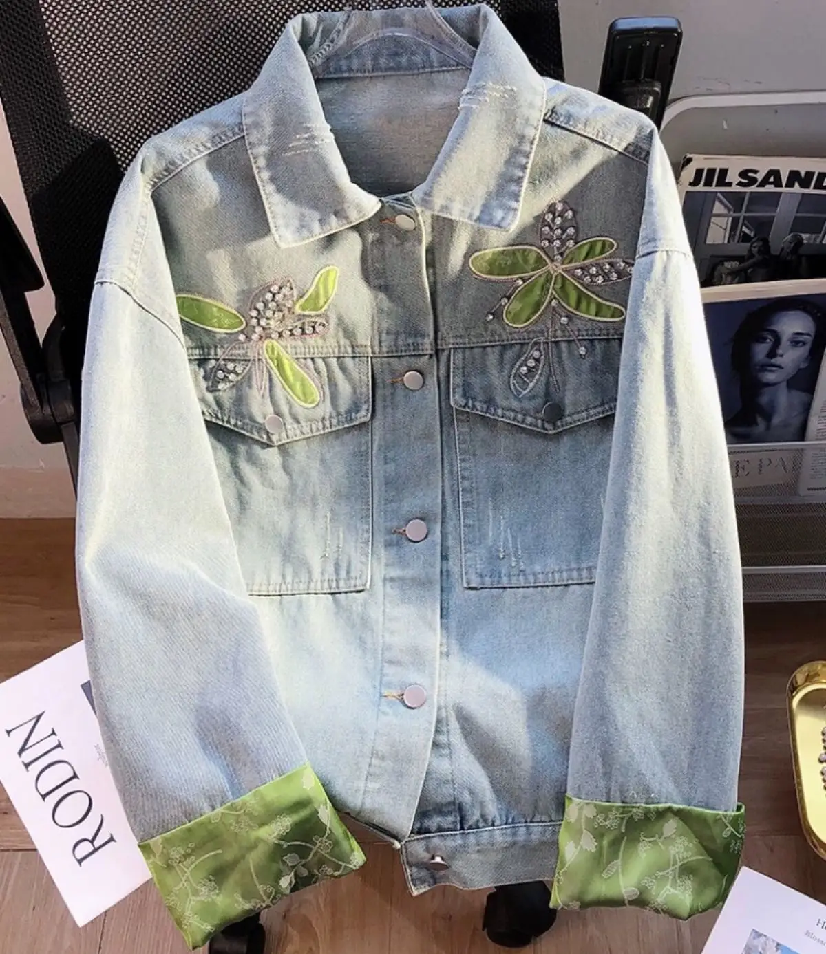 

2023 Autumn Winter Korean Diamonds Casual Patchwork Denim Jacket Women's Fashion Vintage Style Zipper Y2K Loose Jean Coat