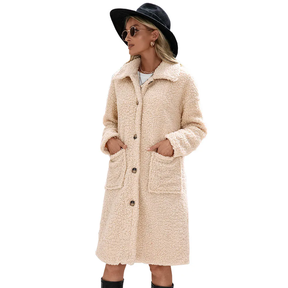 

Cashmere Trench Coat Womem Lapel Single Breasted Caridgans Autumn Winter Big Pocket Thick Plush Long Coat Jacket Elegant Outwear