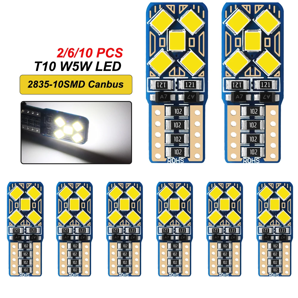 

2 / 6 / 10 PCS Светодиодная лампочка T10 W5W Canbus 12V 10SMD 7000K Белый купол багажник номерной знак клиновидный боковой фонарь