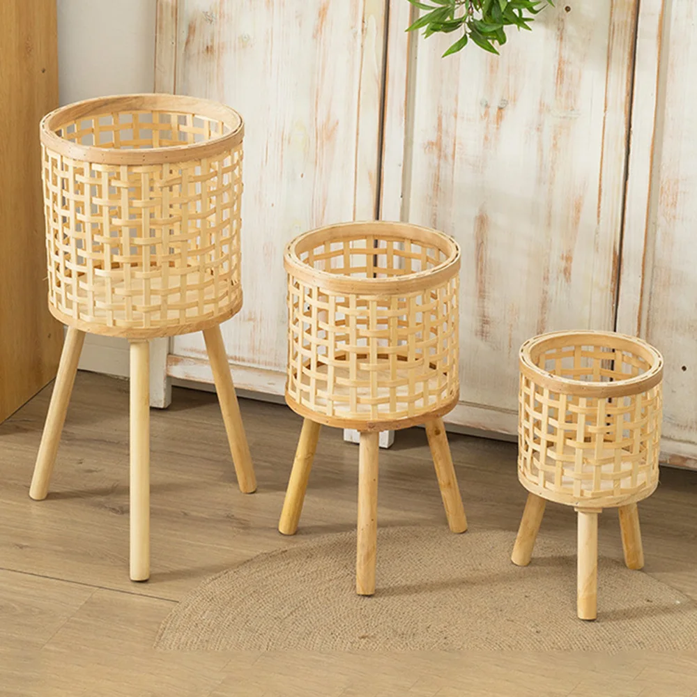 

Nordic Pastoral Handmade Braid Rattan Bamboo Flower Pot with Stand Plant Storage Stand DIY Nursery Pots Home Decor