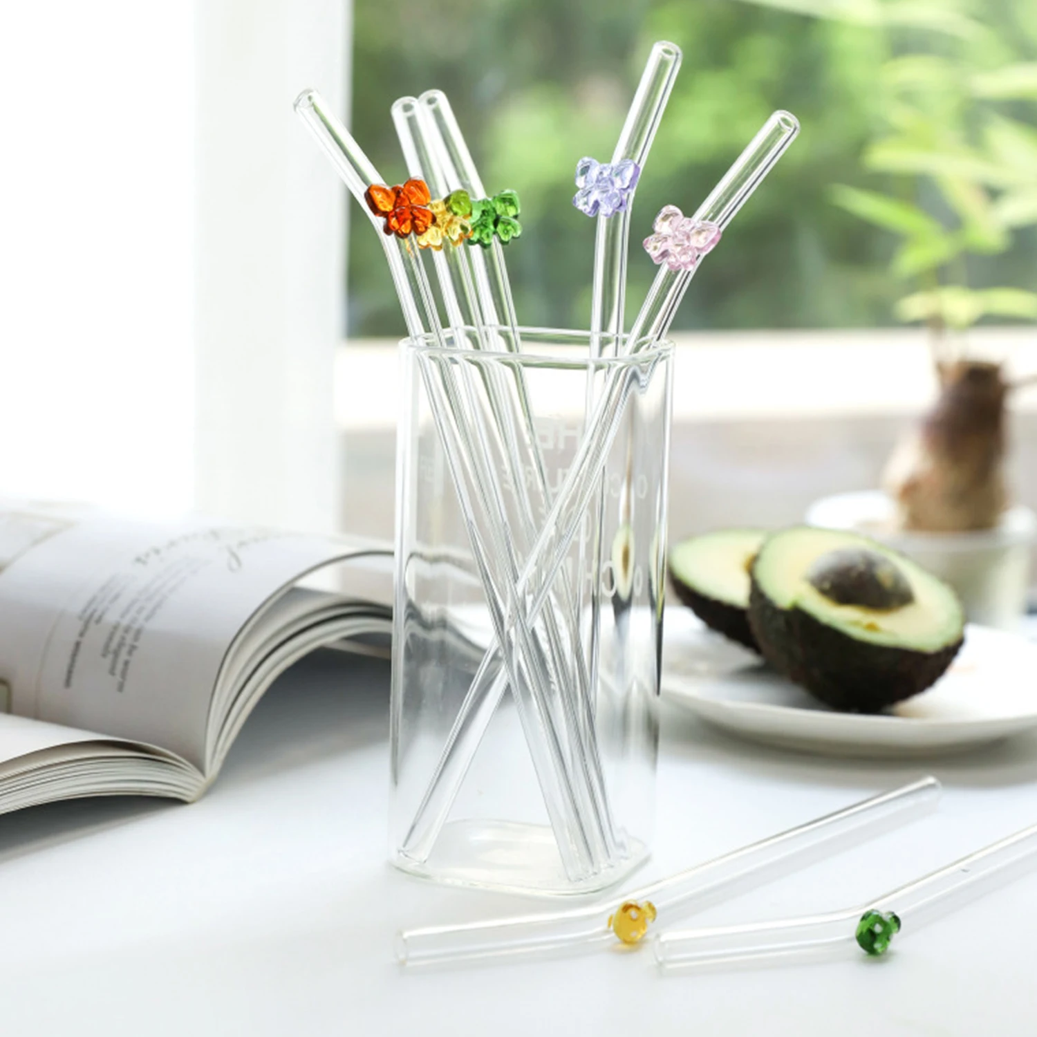 Clear Glass 8mm Drinking Straw Reusable Bar Tool for Coffee Mug Tea Beer Cocktail Tools Bowknot Shape Decor for Party