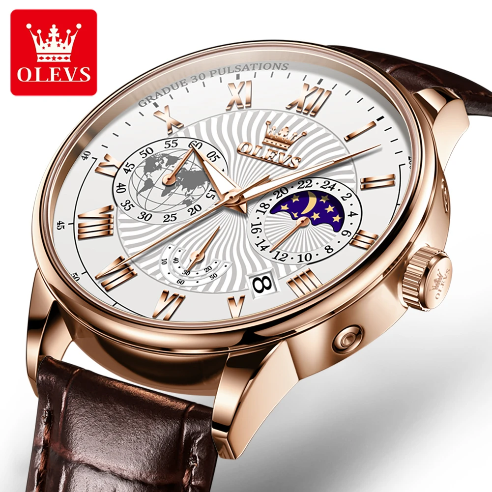 

OLEVS 2893 Casual Quartz Watch Gift Genuine Leather Watchband Round-dial Chronograph Calendar Small second