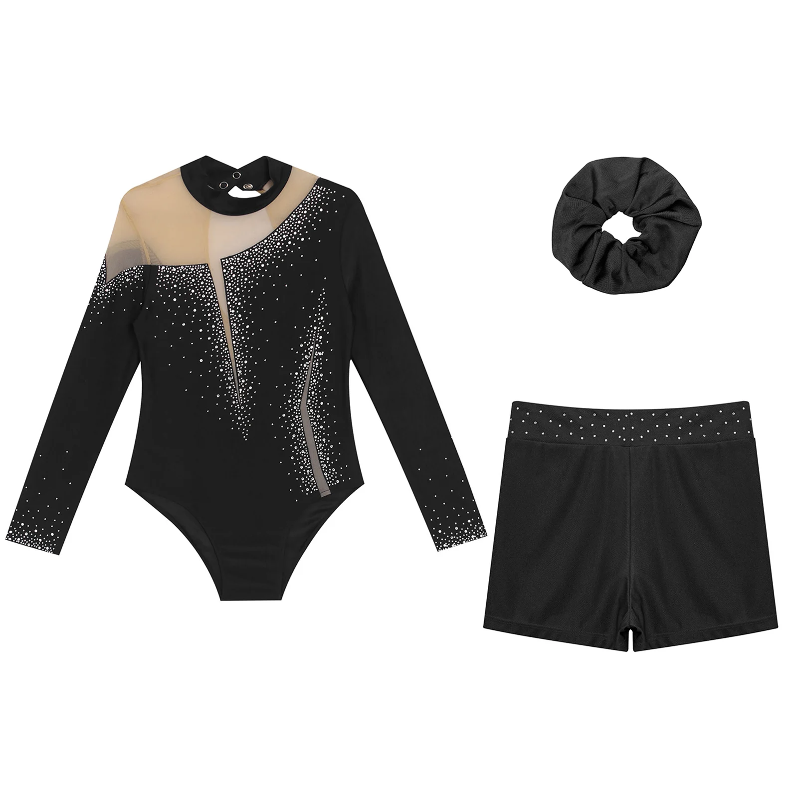 Kids Girls Ballet Dance Leotard With Body Shorts Hair Band Long Sleeve Workout
