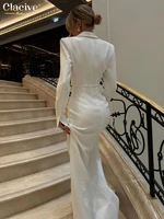 Clacive Fashion Slim White Dress Bodycon Lapel Long Sleeve Ankle Length Dress Party Elegant Classic Slit Dresses For Women 2024 - Image 4