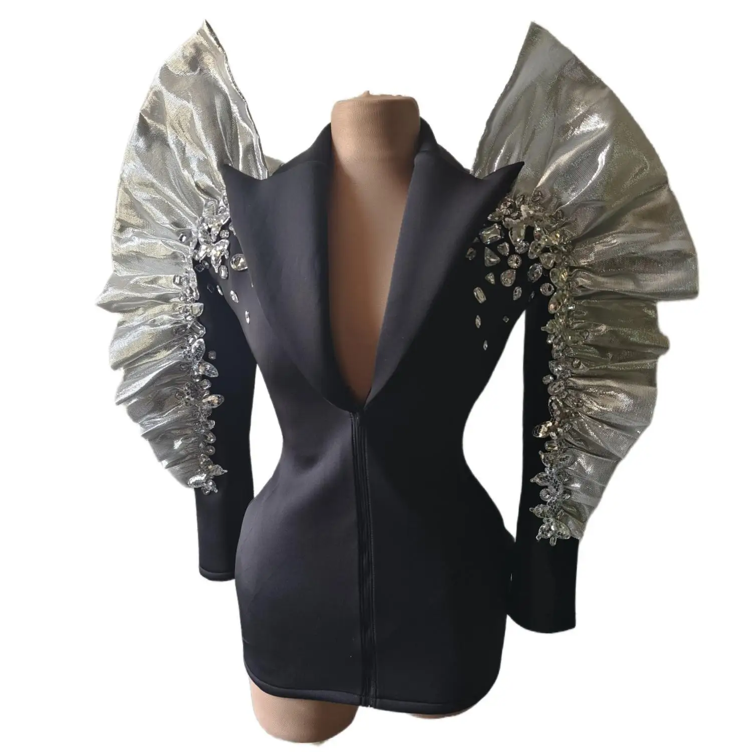 

Sparkly Rhinestones Exaggerated Sleeves Black Jacket Sexy Singer Dancer Nightclub Jazz Dance Costume Performance Show Wear Feiji