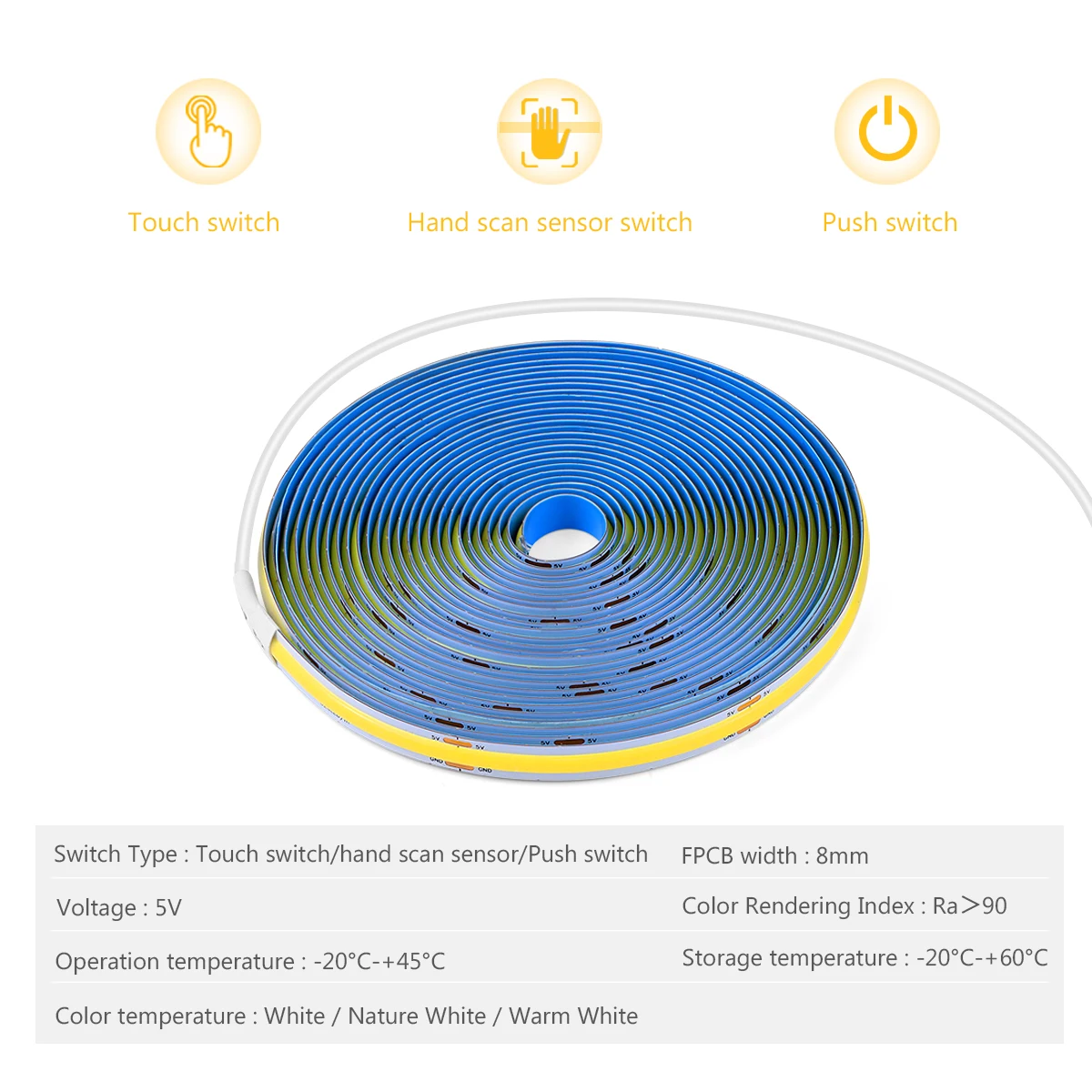 Super Bright USB DC 5V COB LED Strip Light 320leds/m with Hand Scan / Dimmable Touch Sensor Switch/ Push Switch 1m 2m 3m 4m 5m 2