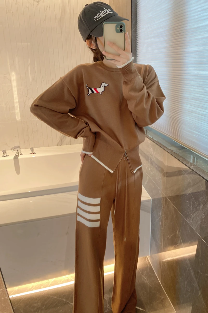 

Tide Brand TB Puppy Wool Knitted Two-piece Suit Women's Autumn and Winter Four-bar Slim Slimming Coat Wide Legs Long Pants