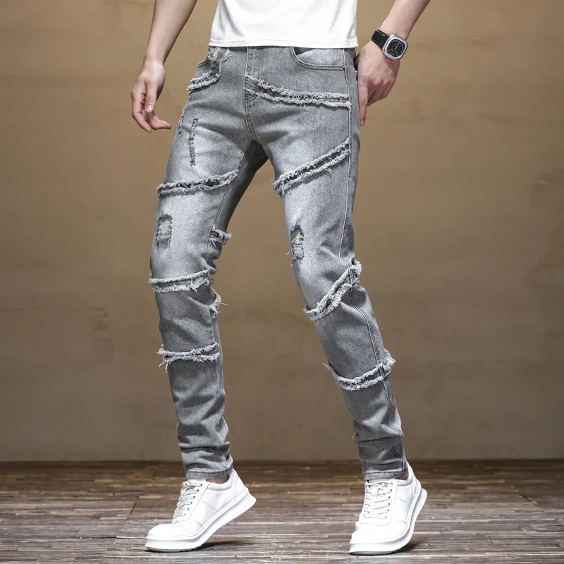 

2024New Handsome Ripped Stitching Jeans Men's Slim Fit Stretch Personality Frayed Retro Personality Washed Motorcycle Trousers