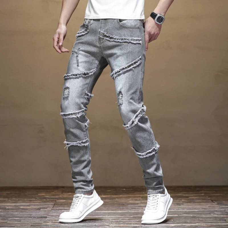 2024New Handsome Ripped Stitching Jeans Men's Slim Fit Stretch Personality Frayed Retro Personality Washed Motorcycle Trousers