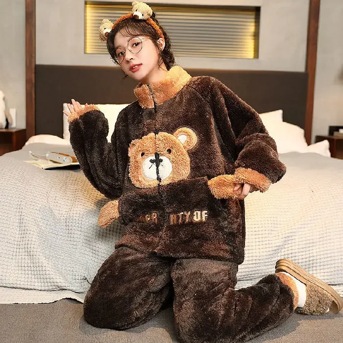 여성용 산호 양털 파자마, 두꺼운 양털 플란넬, 뚱뚱한 여분의 크기, 야외 착용 가능, 세트 라운지웨어, 가을 겨울