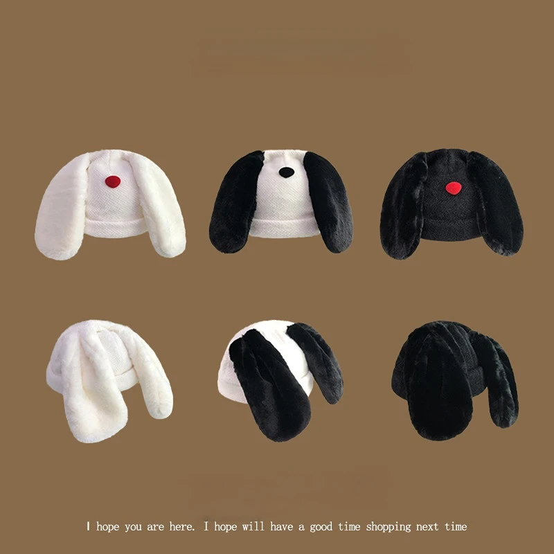 

Cute Rabbit Ear Hats Women's Black and White Woollen Hat Winter Warm Knitting Beanies Men's Fashion Cold Caps Bunny Ears Bonnets