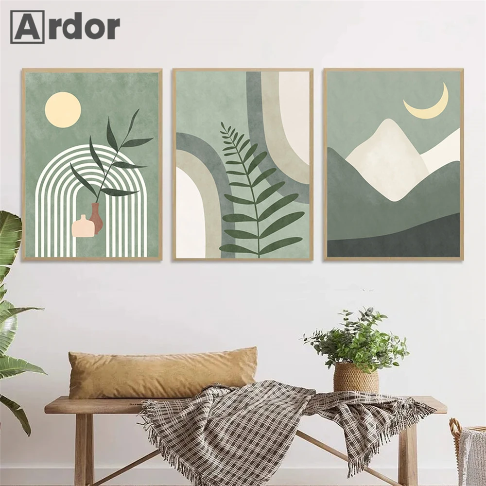 

Abstract Green Geometric Sun Moon Canvas Painting Boho Wall Art Poster Botanical Leaf Prints Nordic Wall Pictures Bedroom Decor