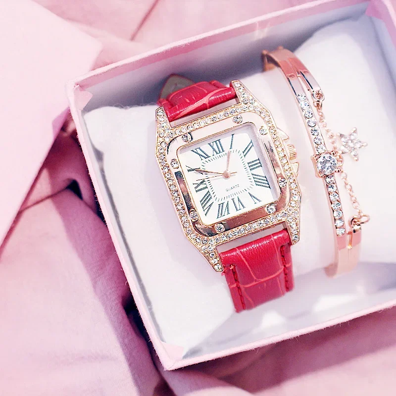 Women Quartz Watch Set Diamond Leather Band Bracelet
