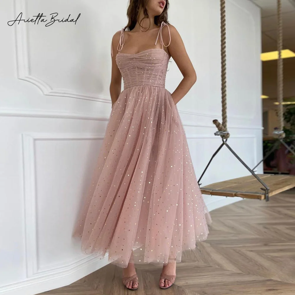 

Arietta Pink Sparkly Starry Tulle Midi Prom Dresses Sweetheart Spaghetti Straps Tea-Length A-Line Party Gowns with Pockets