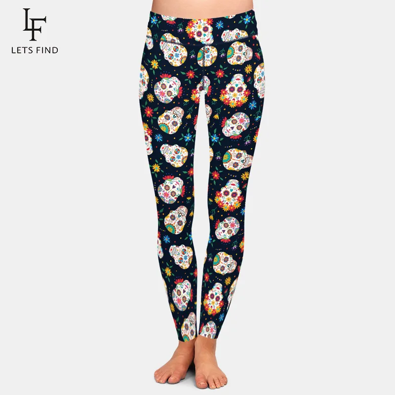 

LETSFIND High Quaility Sexy Women Pant Sugar Skull Decoration and Flowers Printing Fashion High Waist Workout Leggings