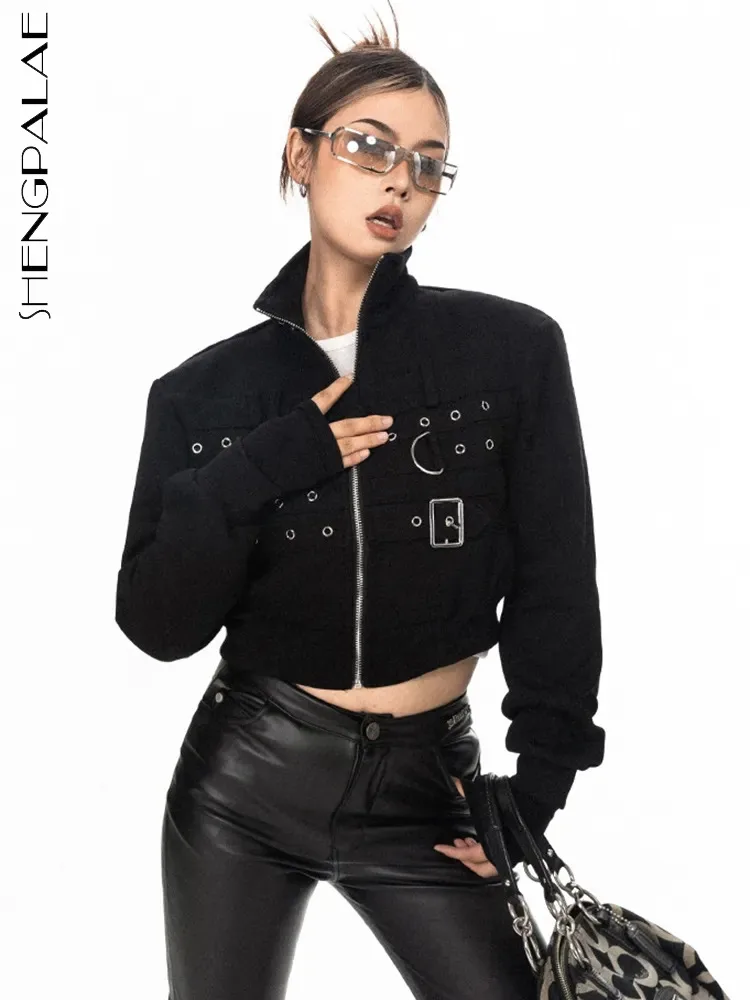 

SHENGPALAE Fashion Women Short Jacket Stand Collar Zipper Belt Spliced Full Sleeve Streetwear Coat Female Autumn 2023 New 5R6957