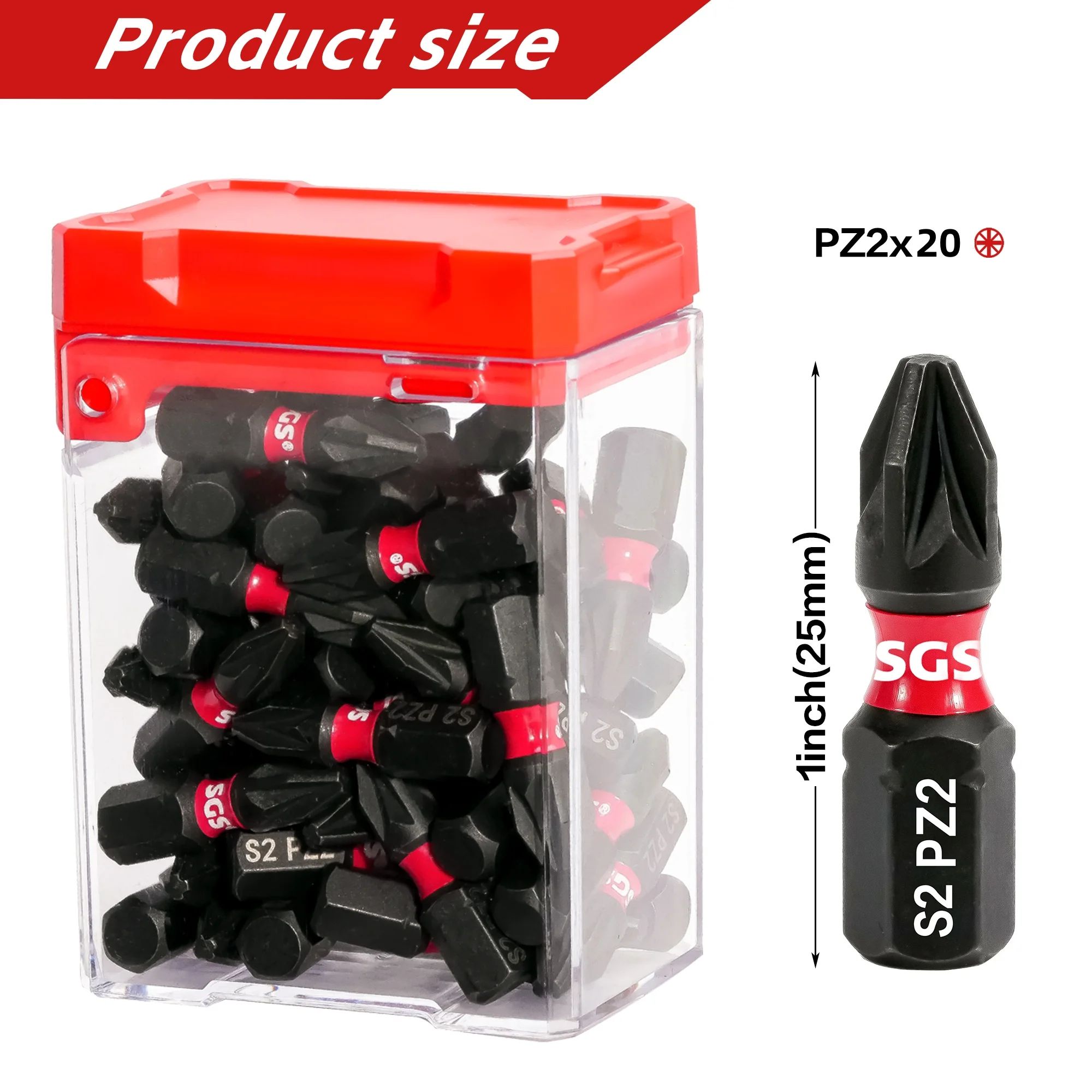 25mm 짧은 Pz1/Pz2/Pz 3m 스크루드라이버 비트 20개 세트, S2 스틸, 토크 쿠셔닝, 정밀 피팅, 레드 캡, 투명 보관함, 전동 드릴 임팩트 액세서리
