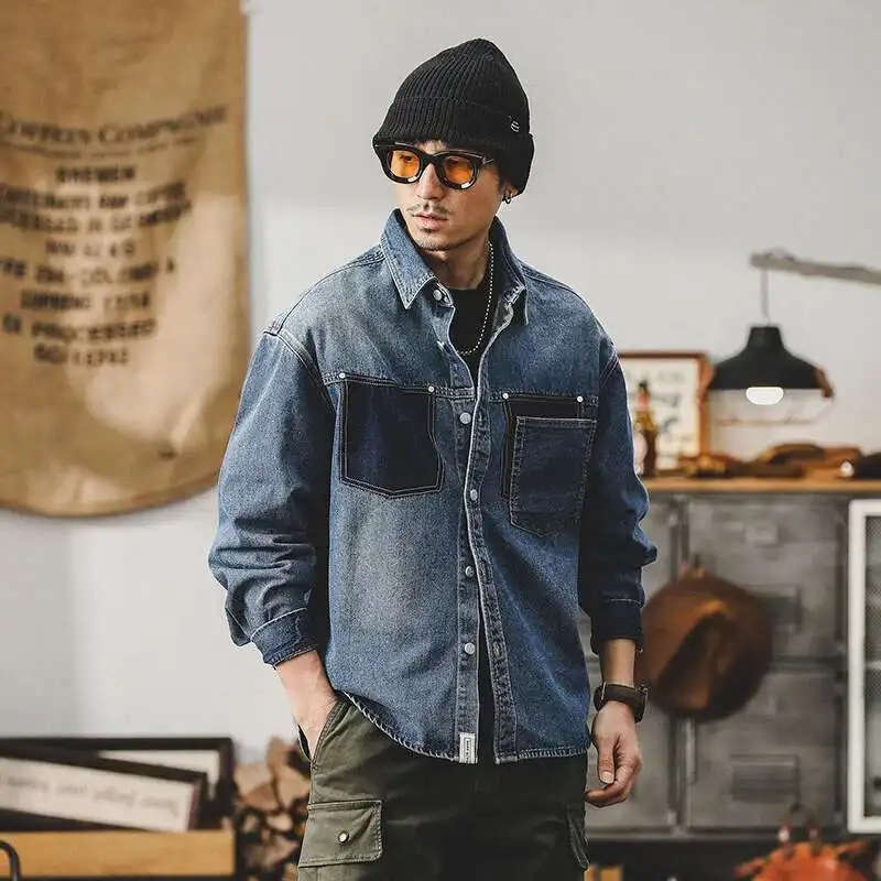 PFNW Spring New Denim Shirt Men's Tide Asymmetrical Colorblock Pocket Design Workwear Top Long-sleeved Shirt Coat 28W6012
