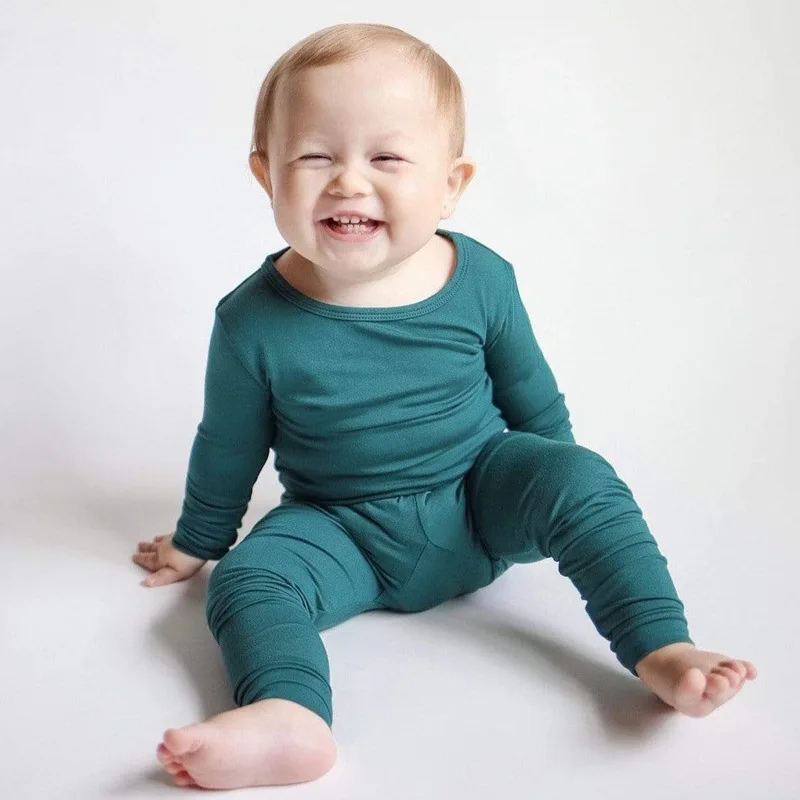 2024 Bamboo Fiber Toddler Kids Pajamas Clothes Solid Hight Elasticity Breathable Sleepwear Set For 9M-7T Boy Girl Loungewear