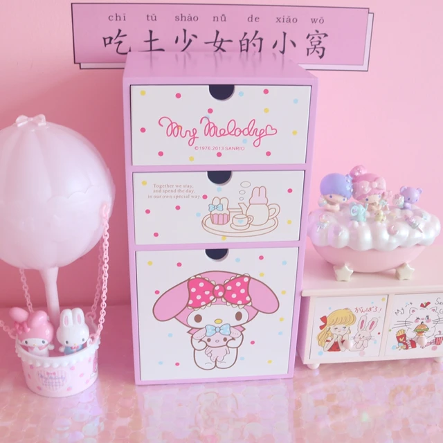 Little Twin Stars Mymelody Sanrio Plush Cartoon Wooden Jewelry Box Desktop Storage Cabinet Display Rack Kawaii Anime Plush Toy