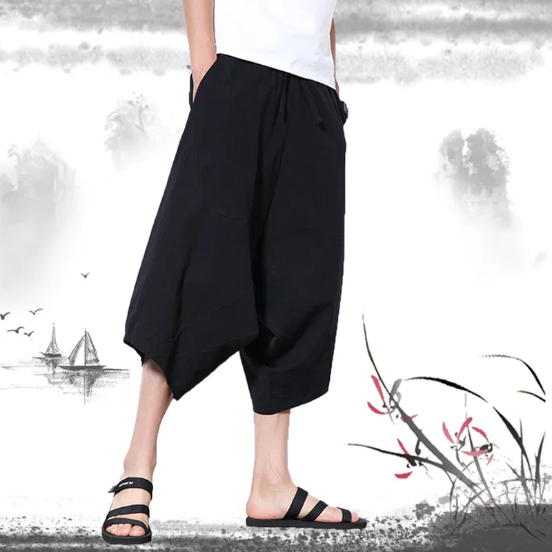 Summer Fashion New Style Men's Wide Crotch Harem Pants Loose Large Cropped Trousers Wide-legged Bloomers Chinese Style Flaxen harem outfit