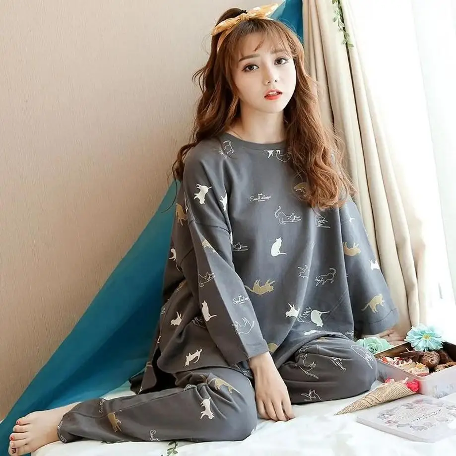 1 Set Long Sleeved Pajamas Sweet And Cute Home Clothes For Spring And Autumn Women's Thin Suit Breathable And Comfortable