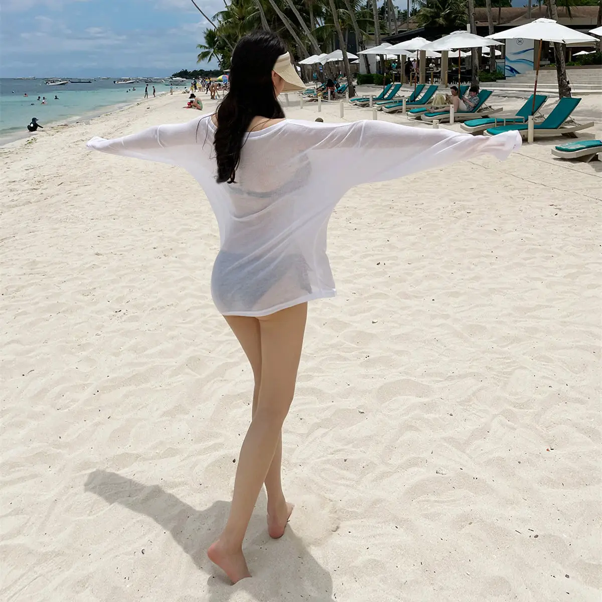 Bikini Swimsuit Cover up Women's Loose Thin Outerwear Casual Sle Long Sve One oulder T Top for Beach Vaion - 4