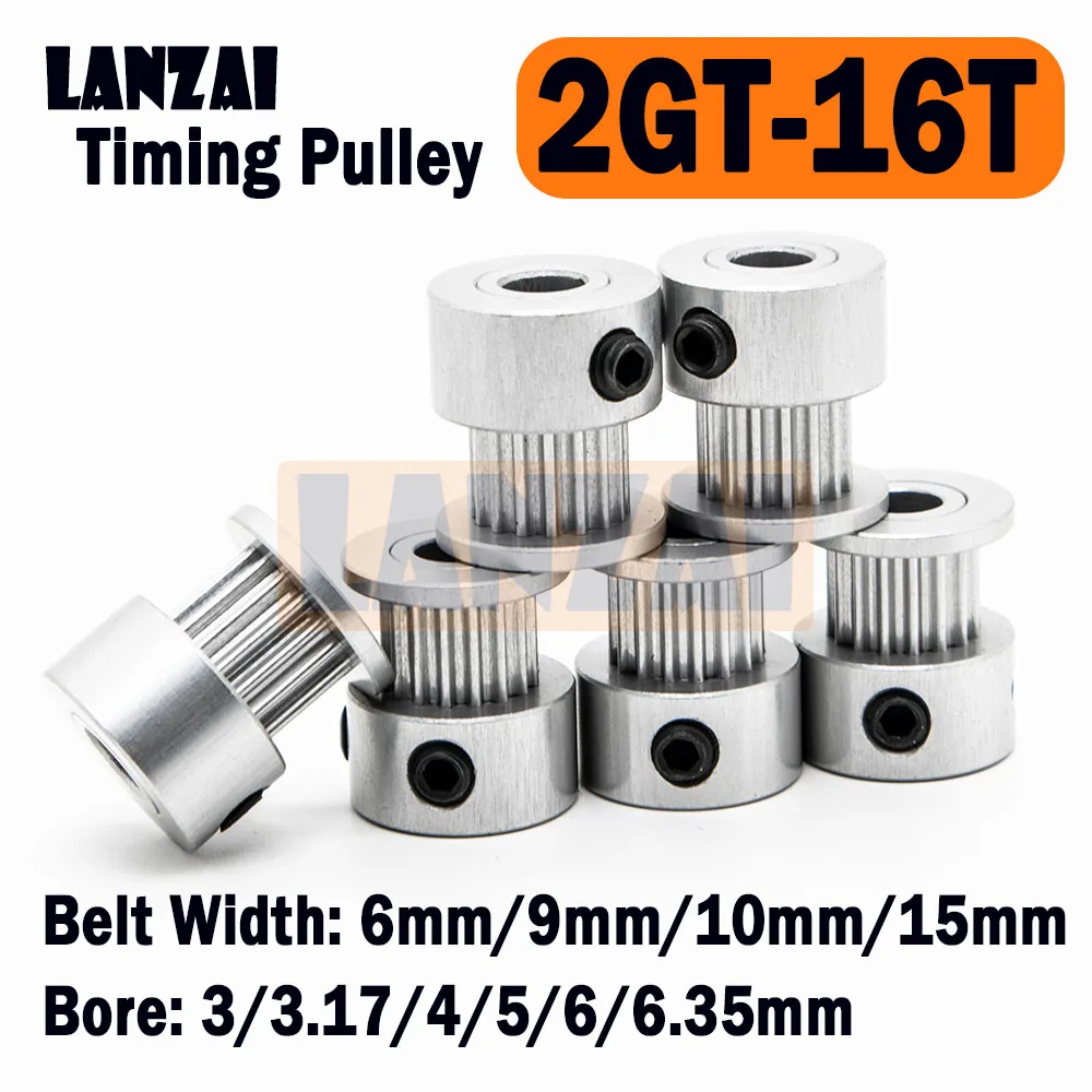

LANZAI 2GT Timing Pulley 16 Teeth Bore 3/3.17/4/5/6/6.35mm Belt Width 6/9/10/15mm for 3D Printer Aluminium 16T K Type 16teeth