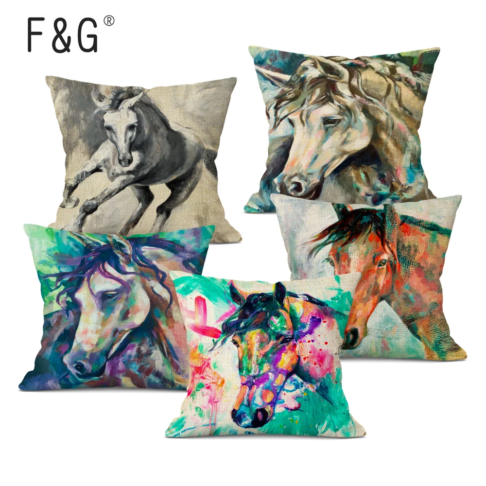 

Horse Head Art Pillowcase, Cushion Cover,Animal Oil Painting, Retro, Linen, Home Decor