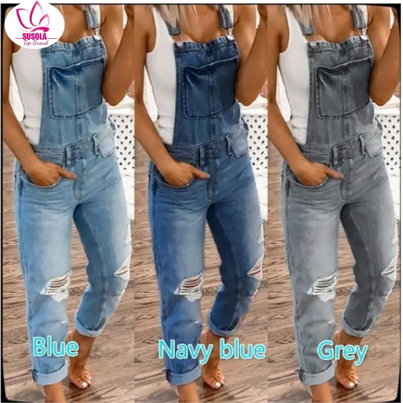 

SUSOLA New Casual Boyfriend Ripped Jeans Jumpsuit Romper Women Pants Hole Sleeveless Denim Overalls For Women