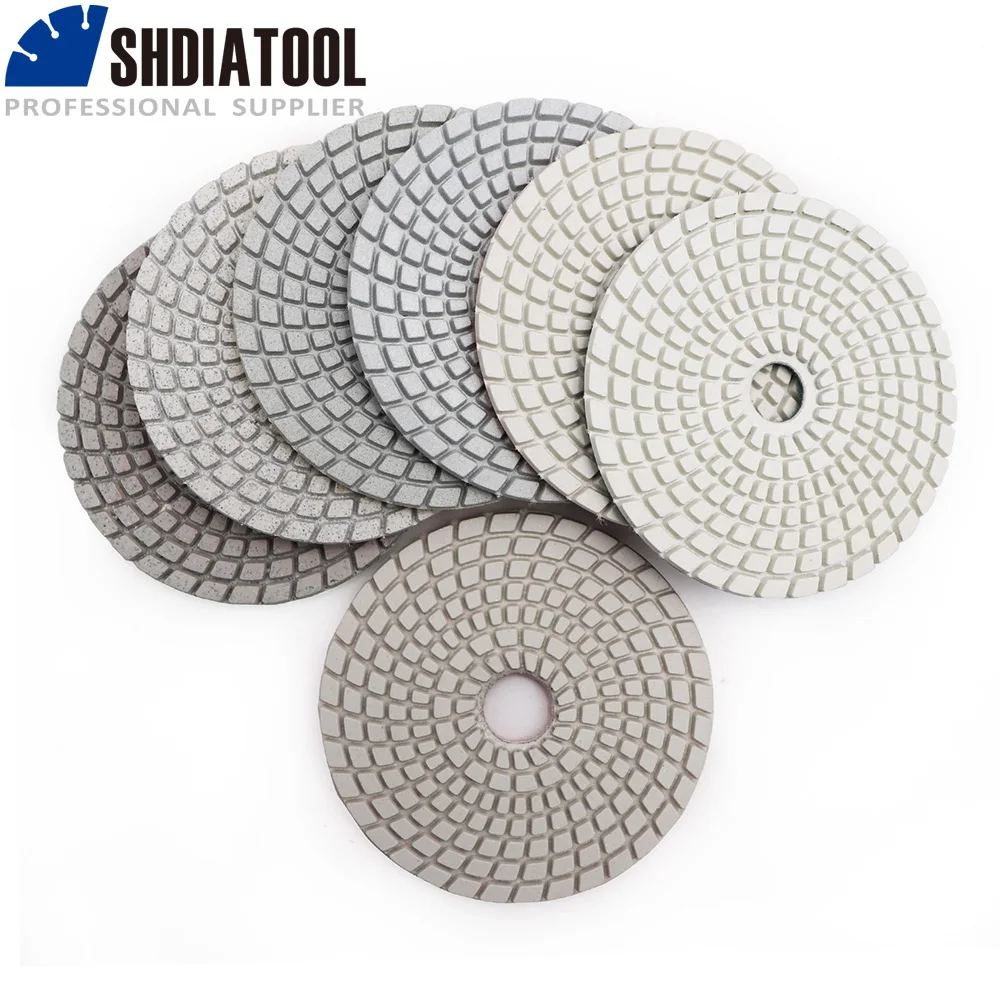 SHDIATOOL 7pcs/set 4 Diamond Wet Flexible Polishing Pads White Bond for Marble Granite Sanding Discs Grinding Wheel #50-#3000 shdiatool 7pcs 4 3000 diamond wet flexible polishing pads for granite stone marble 100mm white bond sanding disc