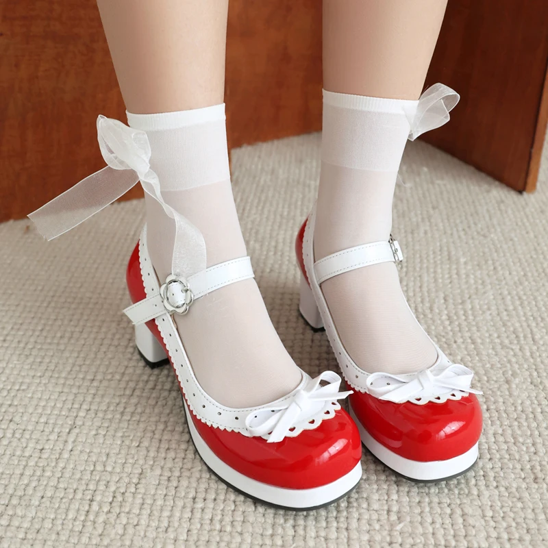 

Sweet Bow 5cm High Heels Platform Lolita Gilrs Mary Janes Shoes Woman Ankle Strap Pumps Large Size 48 Office Party Wedding Shoes