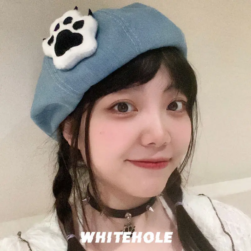 Cute Puppy Paw Beret Women y2k Sweet Cool Hottie Cowboy Big Head Hat