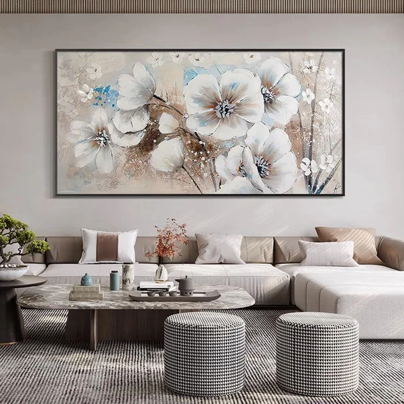 

OQ 100% Hand Painted Oil Painting On Canvas Modern Abstract White Flower Wall Art Living Room Picture Home Decoration Unframed