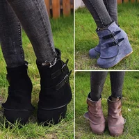 2025 Modern High-heel Boots for Women Ankle Wedges Suede Ladies Shoes Splicing Fake Zip Belt Buckle Height Increasing Daily Wear 1