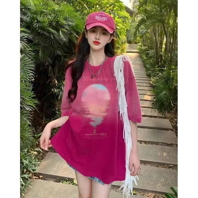 

Футболка женская с коротким рукавом, градиентный топ с принтом морского восхода, повседневная Модная приталенная рубашка средней длины, лето